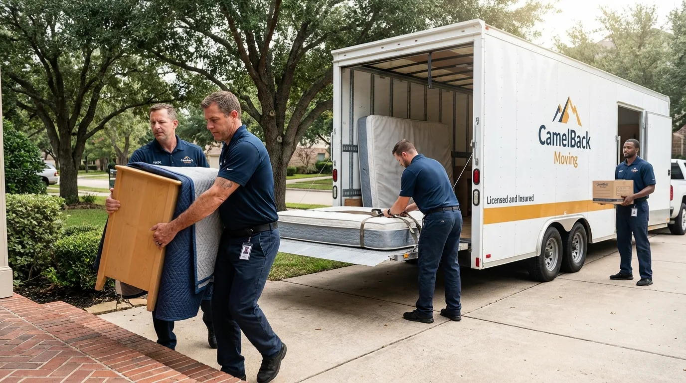 Crew loading residential truck for cross-state move from Groveland, MA