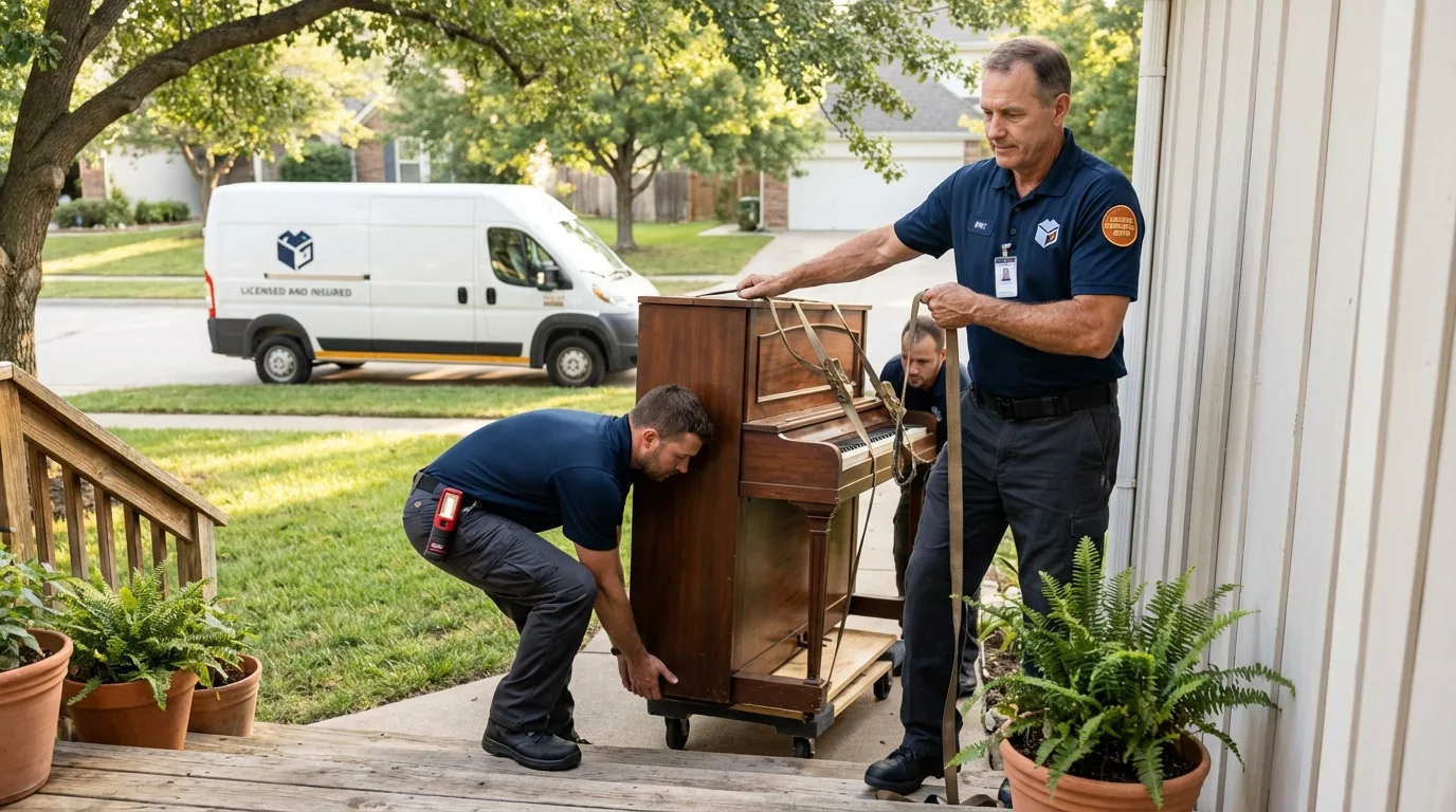 Licensed piano movers securing grand piano in Groveland, MA