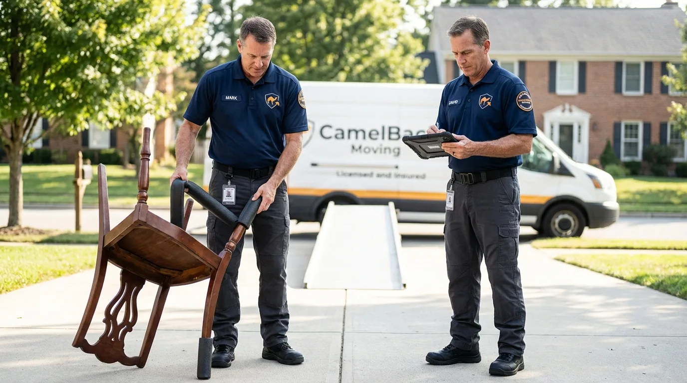 Movers inspecting furniture for damage prevention before loading in Groveland, MA
