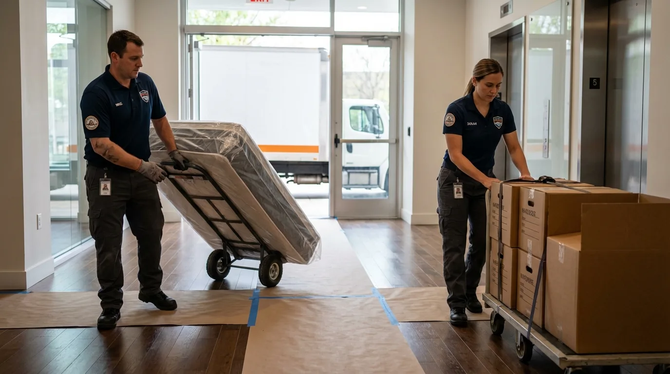 Professional apartment movers loading elevator in Groveland, MA