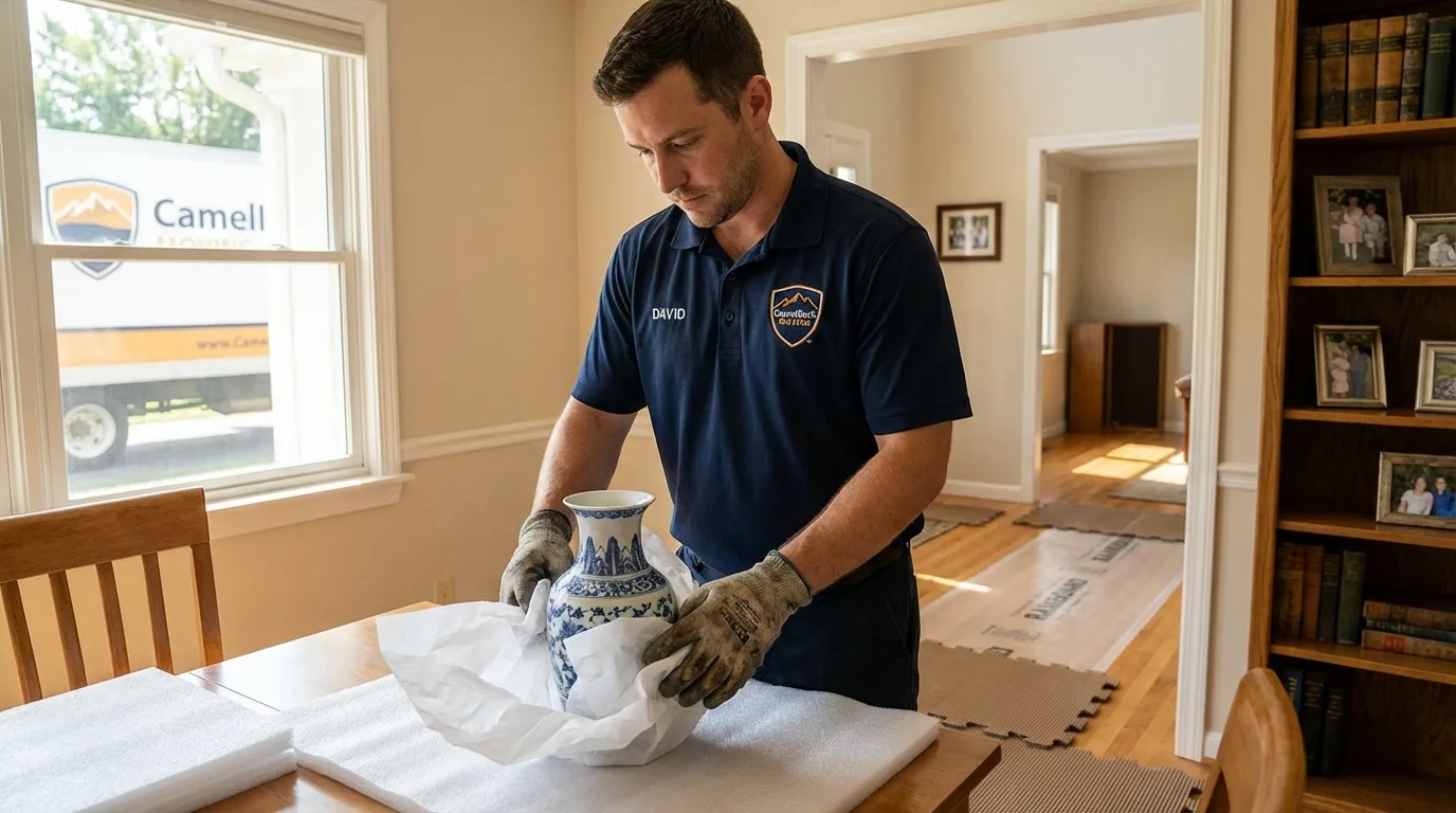 Professional crew carefully wrapping antique vase for senior downsizing move in Groveland, MA