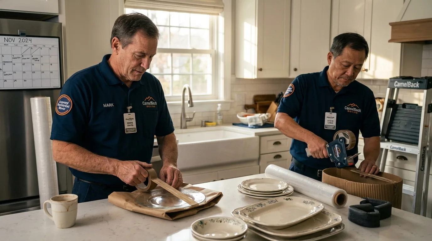 Professional crew packing kitchen dishware in Groveland, MA